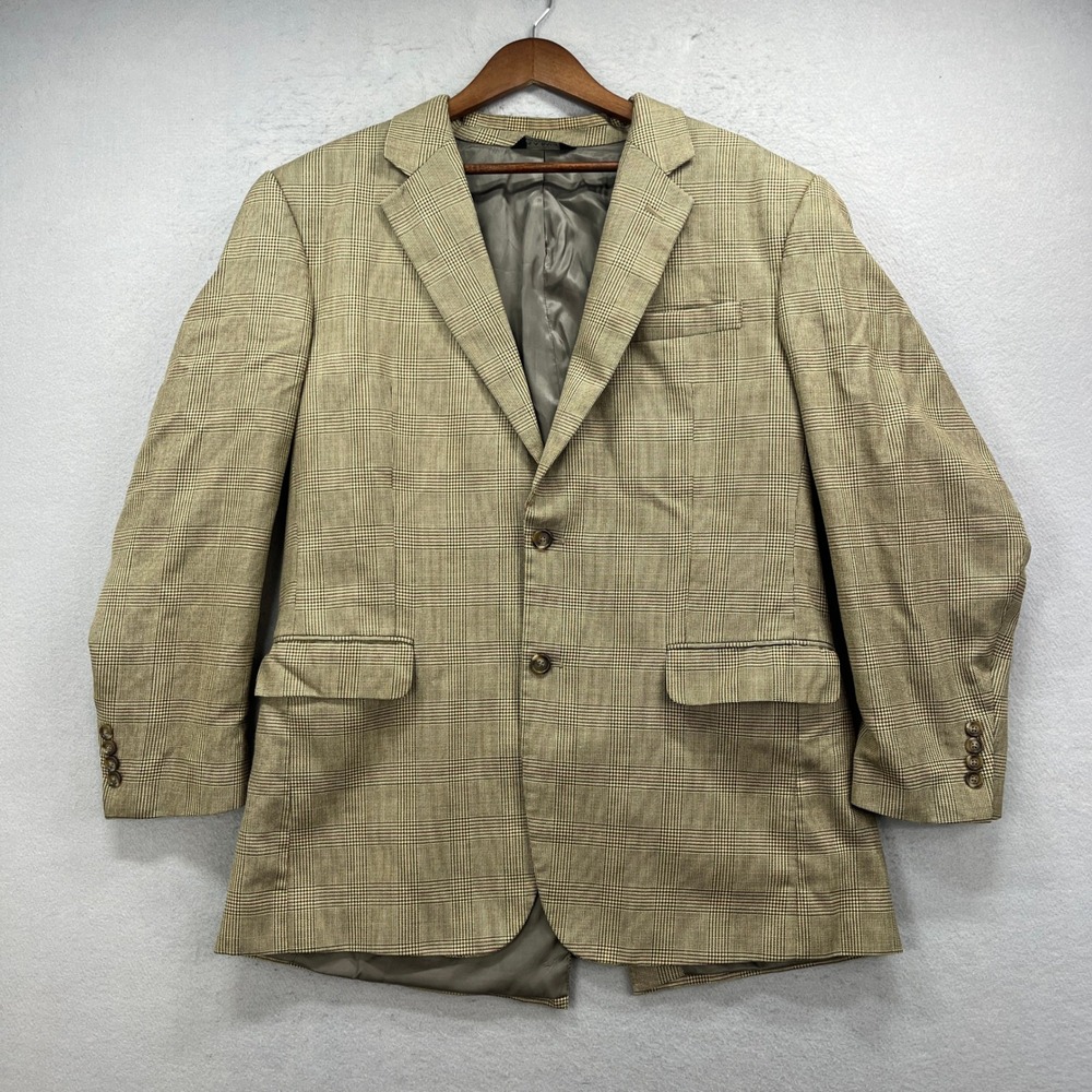 Jos A Bank Sport Coat Mens 44L Tan Plaid Wool Silk Glen Check Blazer Jacket